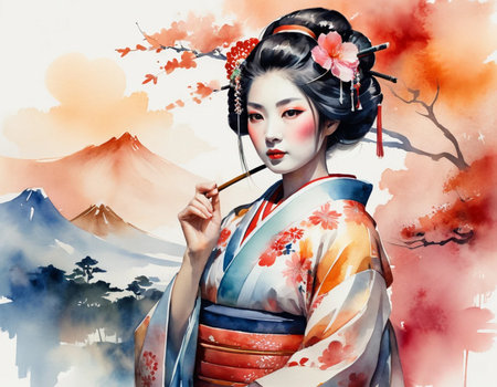 Watercolor painting of a beautiful geisha in kimono.の素材