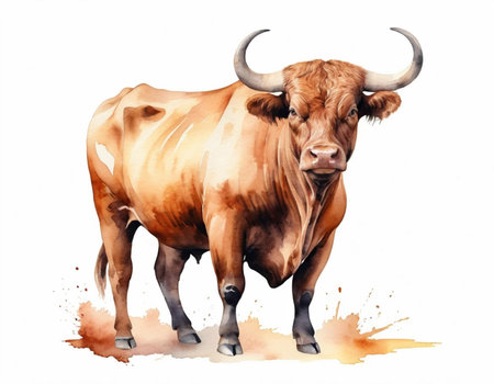 Watercolor bull isolated on white background. Symbol of the year 2021.の素材