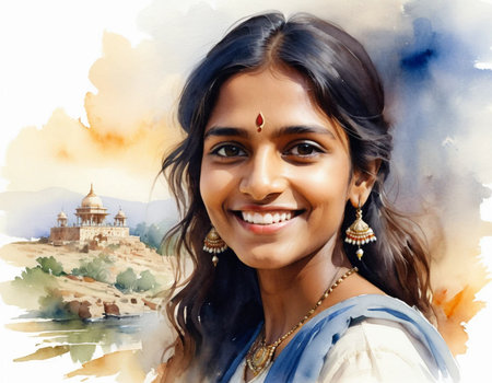 Digital painting of a beautiful Indian woman smiling and looking at the cameraの素材