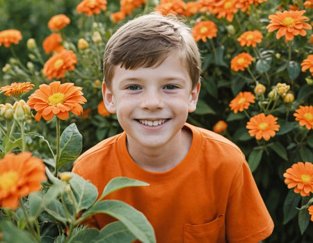 Portrait of a smiling boy in the garden with orange flowers.の素材