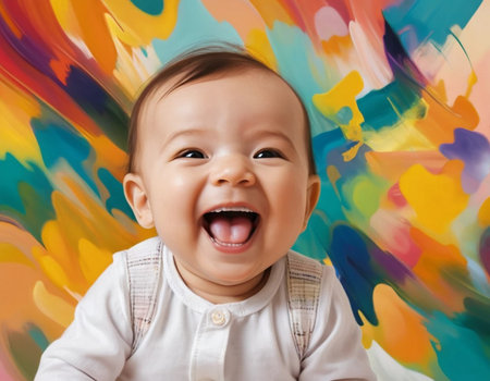 Portrait of a cute smiling baby over colorful background. Happy childhood.の素材