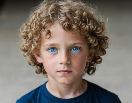 Portrait of a boy with curly hair and blue eyes looking at the cameraの素材