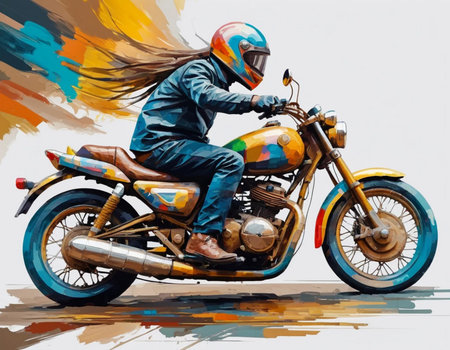 Motorcycle rider on a motorbike. Oil painting on canvas.の素材