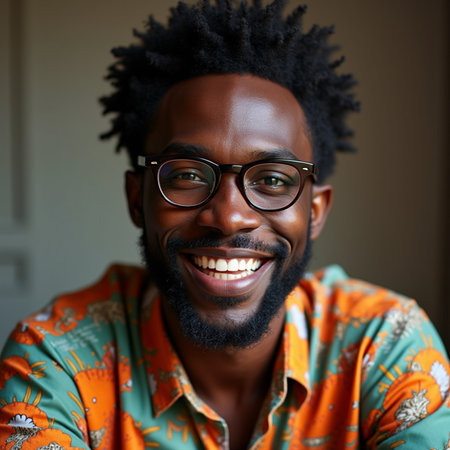 Portrait of a young African American man smiling at the cameraの素材