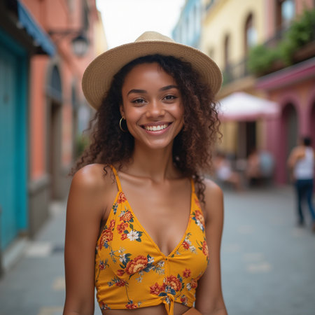 Portrait of a beautiful young African American woman in a yellow swimsuit and hat smiling at the camera while standing on the streetの素材