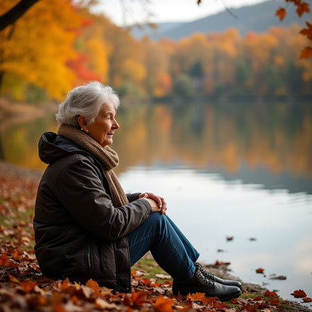 Senior woman sitting on the autumn leaves near the lake in the parkの素材