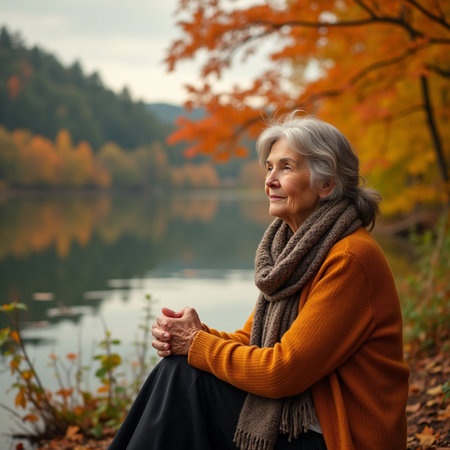 Portrait of a beautiful senior woman sitting by the lake in autumn parkの素材