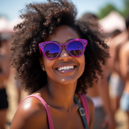 Portrait of a beautiful afro american woman with afro hairstyle and sunglasses on the beachの素材