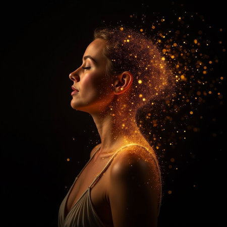 Portrait of a beautiful woman with golden hair on a black backgroundの素材