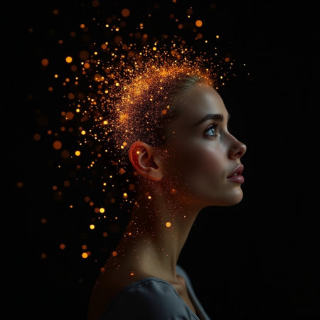 Beautiful young woman with flying particles on black background. Glowing particles in hairの素材