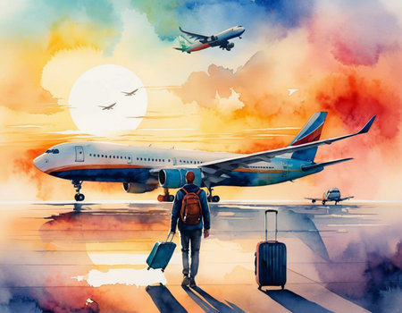 Traveler with luggage and airplane on the background of the sky.の素材