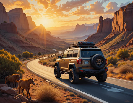 Car on the road in Monument Valley at sunset. 3d renderingの素材