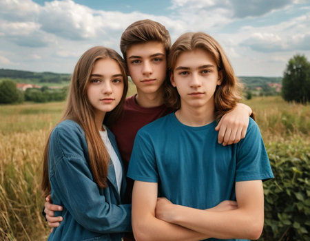 Portrait of three teenage boys and girls standing in the field.の素材