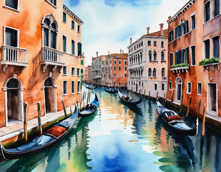 Gondolas on the canal in Venice, Italy. Digital painting.の素材