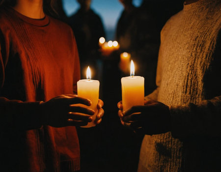 Candles in the hands of a young woman during a religious ceremonyの素材