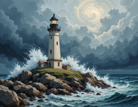 Lighthouse on the rocks in the sea. 3D illustration.の素材