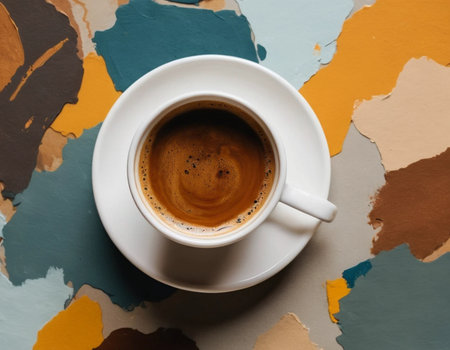 Cup of coffee on colorful paper background. Flat lay, top viewの素材