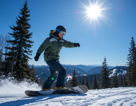 Snowboarder jumping in the mountains at sunny day. Winter sport.の素材