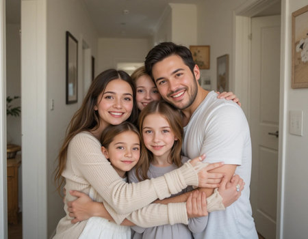 Portrait of happy family looking at camera in living room at homeの素材