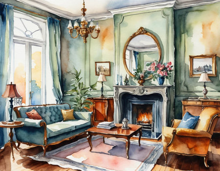 Interior of the living room. Hand drawn watercolor illustration.の素材