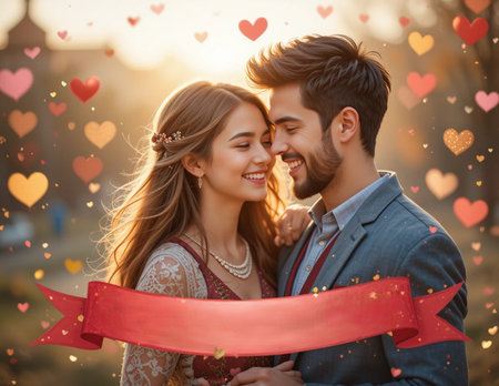 Beautiful young couple in love on the background of hearts. Valentine's Day.の素材