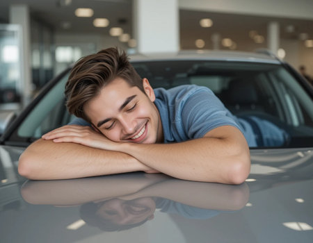 Portrait of a happy young man lying on the hood of a carの素材