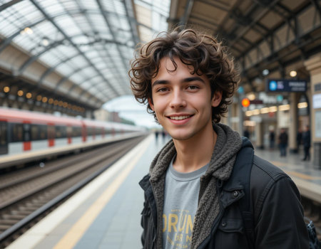 Portrait of a handsome young man with curly hair smiling at the train stationの素材