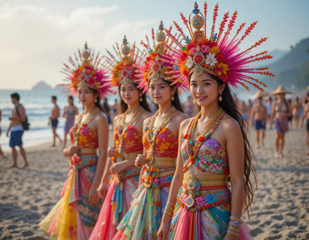 Unidentified Thai students 4 - 8 years old in ceremony uniform during sport parade in ko samui, Surat Thani, Thailand.の素材