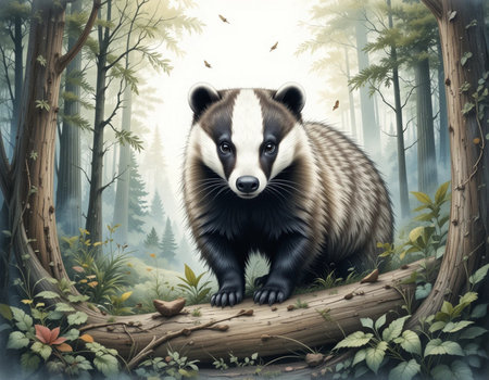 Badger in the forest. Digital painting. Illustration of a badger.の素材