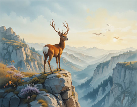 Deer on a cliff in the mountains. 3D illustration.の素材