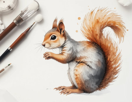 Sketch of a squirrel with a brush and paints on a white backgroundの素材