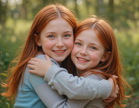 Portrait of two red-haired girls in the summer park.の素材