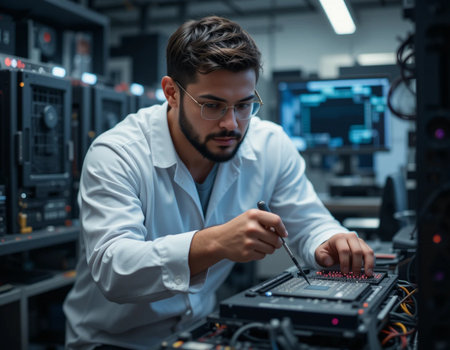 Technician repairing computer in server room. Man in white shirt and glasses.の素材