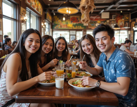 Group of happy young Asian friends having lunch together in a restaurantの素材