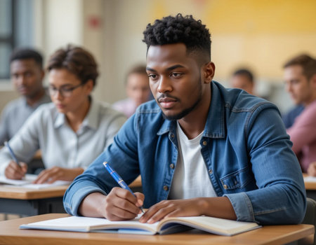 Portrait of African American male student writing in notebook in classroomの素材
