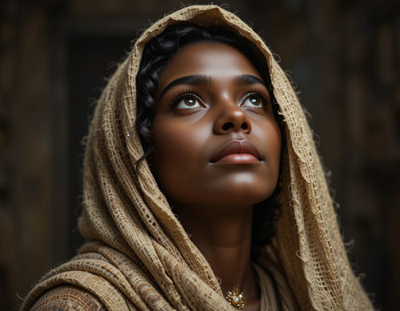 Portrait of a beautiful young African American woman wearing veilの素材