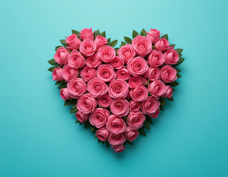 Pink roses in heart shape on blue background. Valentine's day conceptの素材