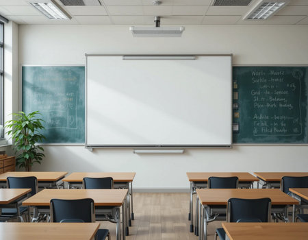 Classroom interior with empty whiteboard and blackboard on the wallの素材
