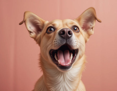 Portrait of a happy dog with funny expression on a pink backgroundの素材