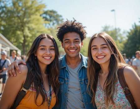 Multiracial group of friends looking at camera and smiling while standing outdoorsの素材
