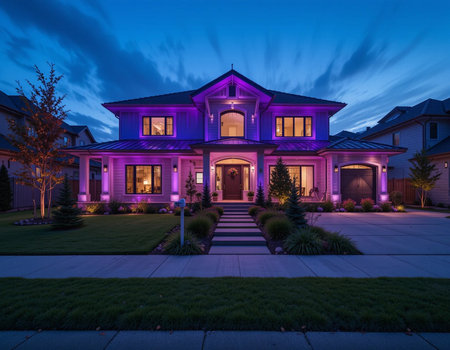 Beautiful modern house in the evening with purple lighting and beautiful landscaping.の素材
