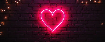 Neon heart on a brick wall background. Valentine's day concept.の素材