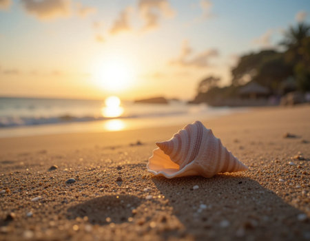 Seashell on the beach at sunset, shallow depth of fieldの素材