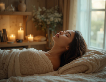 Relaxed young woman lying in bed with closed eyes. She is looking at the window.の素材