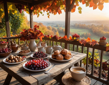 Autumn still life in a rustic style on a wooden terraceの素材