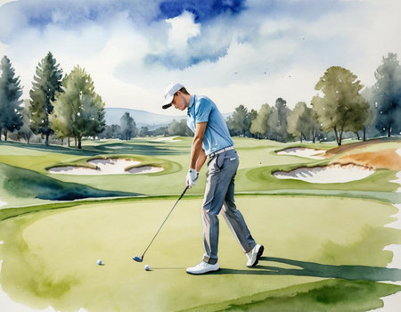 Watercolor illustration of a golfer playing golf on a golf courseの素材