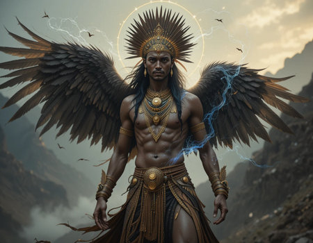 Warrior amazon warrior with wings, fire and lightning in the skyの素材