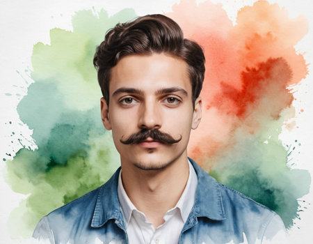 Portrait of handsome young man with mustache against colorful watercolor backgroundの素材