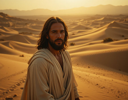 Handsome middle eastern man in the middle of the desert at sunsetの素材