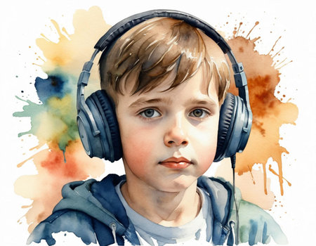 A portrait of a boy with headphones listening to music. Watercolor background.の素材